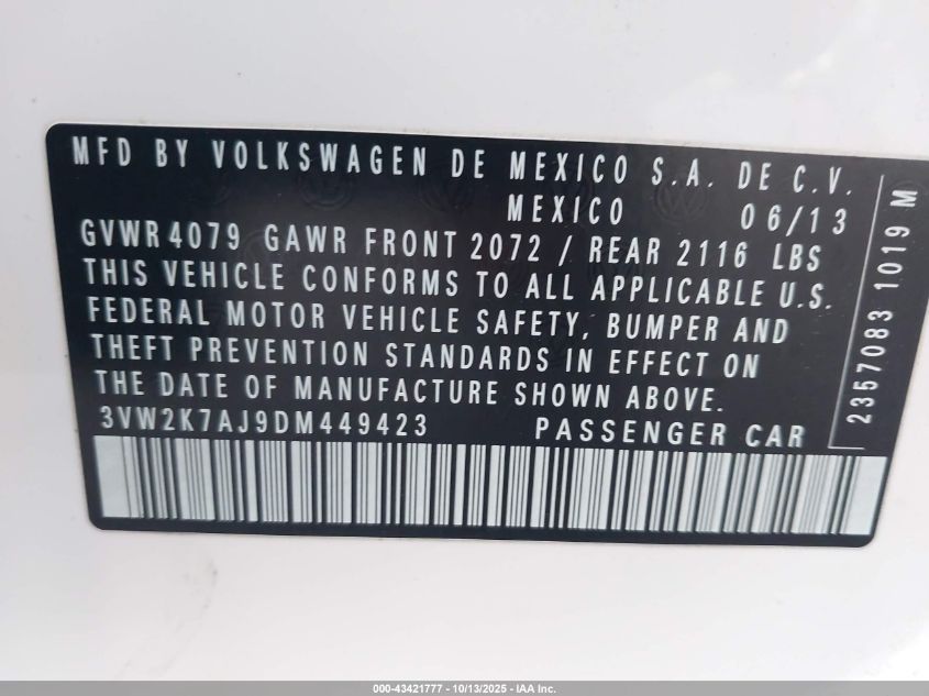 2013 Volkswagen Jetta S VIN: 3VW2K7AJ9DM449423 Lot: 43421777
