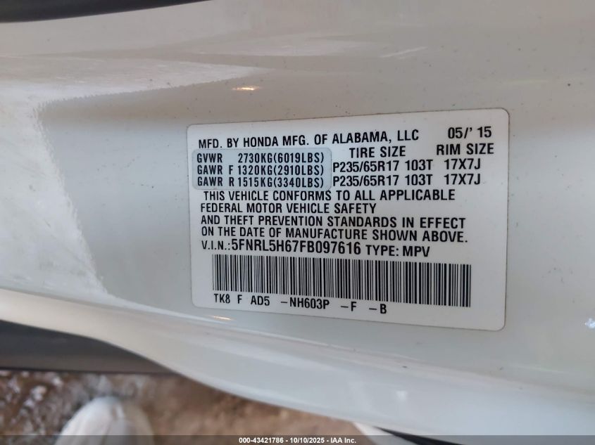 2015 Honda Odyssey Ex-L VIN: 5FNRL5H67FB097616 Lot: 43421786