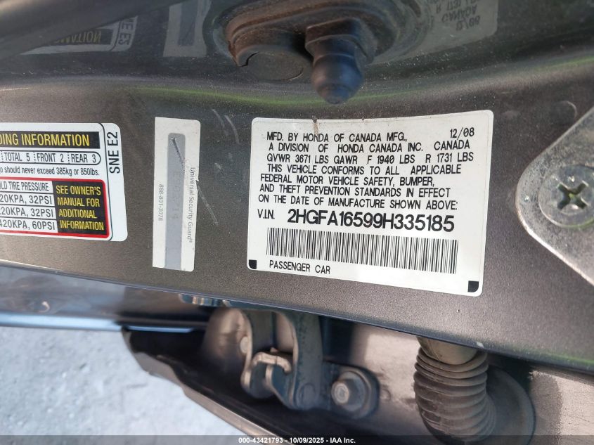 2009 Honda Civic Lx VIN: 2HGFA16599H335185 Lot: 43421793