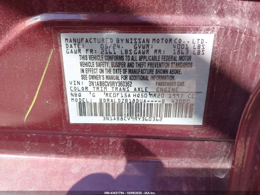 2024 Nissan Sentra Sv Xtronic Cvt VIN: 3N1AB8CV9RY360362 Lot: 43421794