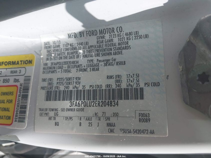 2014 Ford Fusion Hybrid Se VIN: 3FA6P0LU2ER204834 Lot: 43421795