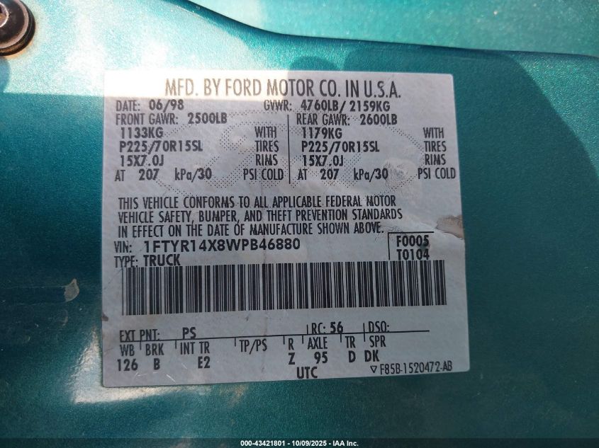 1998 Ford Ranger Splash/Xl/Xlt VIN: 1FTYR14X8WPB46880 Lot: 43421801