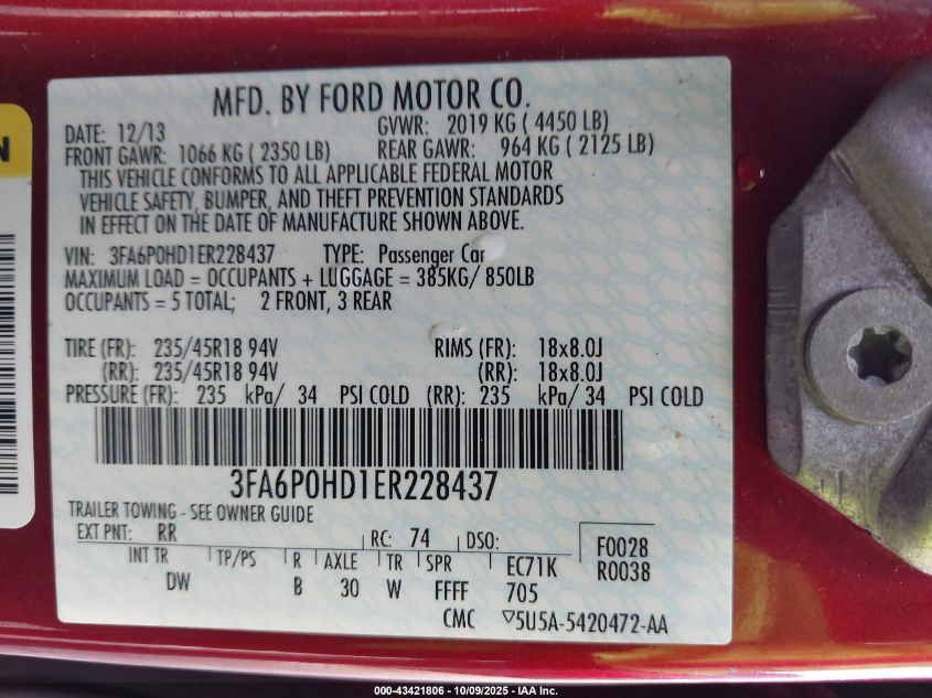 2014 Ford Fusion Se VIN: 3FA6P0HD1ER228437 Lot: 43421806