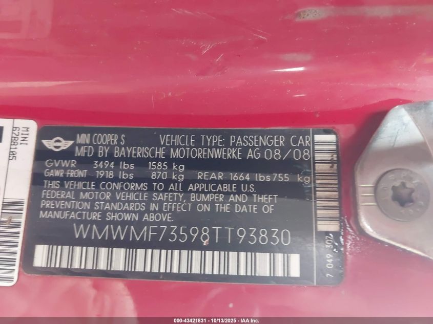 2008 Mini Cooper S VIN: WMWMF73598TT93830 Lot: 43421831