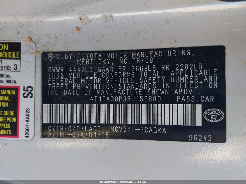 2008 Toyota Camry Solara Sle V6 VIN: 4T1CA30P38U159880 Lot: 43421833