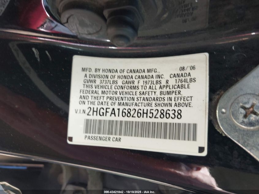 2006 Honda Civic Ex VIN: 2HGFA16826H528638 Lot: 43421842