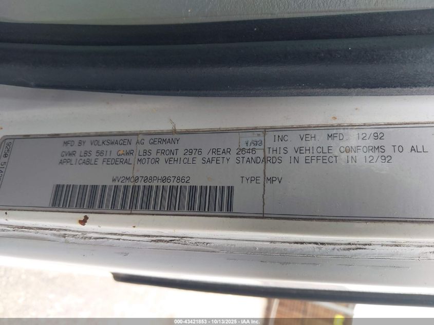 1993 Volkswagen Eurovan Mv VIN: WV2MC0708PH067862 Lot: 43421853