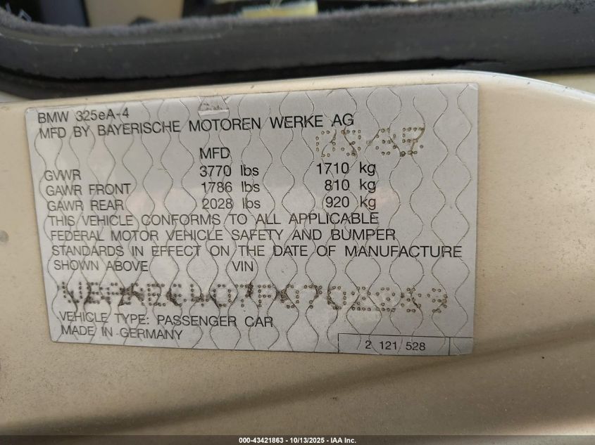 1985 BMW 325 E Automatic VIN: WBAAE6407F0702289 Lot: 43421863
