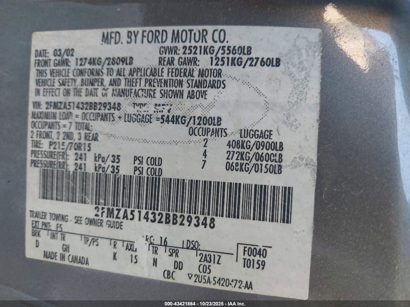 2FMZA51432BB29348 2002 FORD WINDSTAR photo no. 9