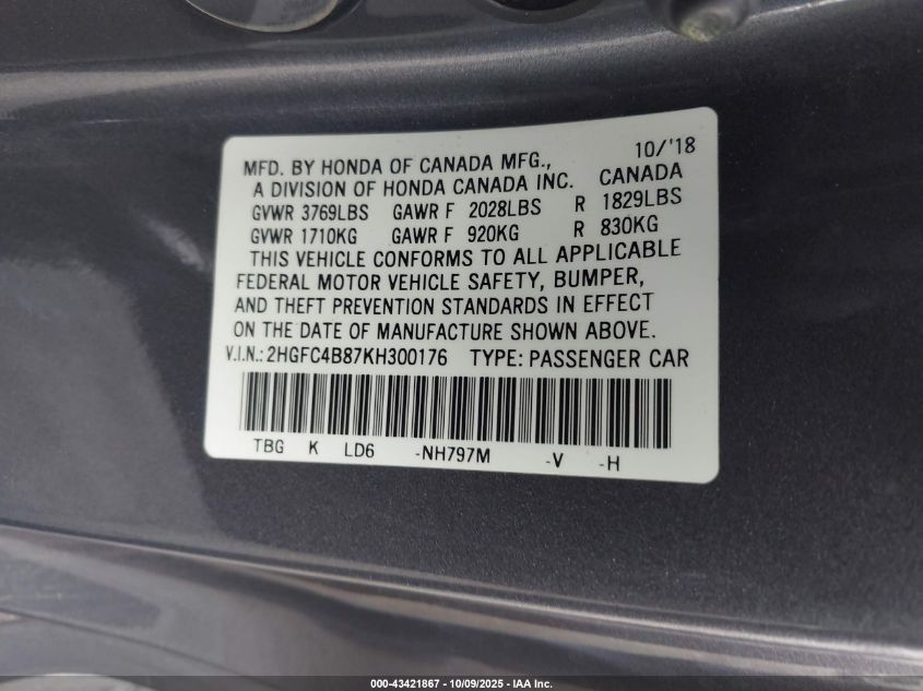 2019 Honda Civic Sport VIN: 2HGFC4B87KH300176 Lot: 43421867