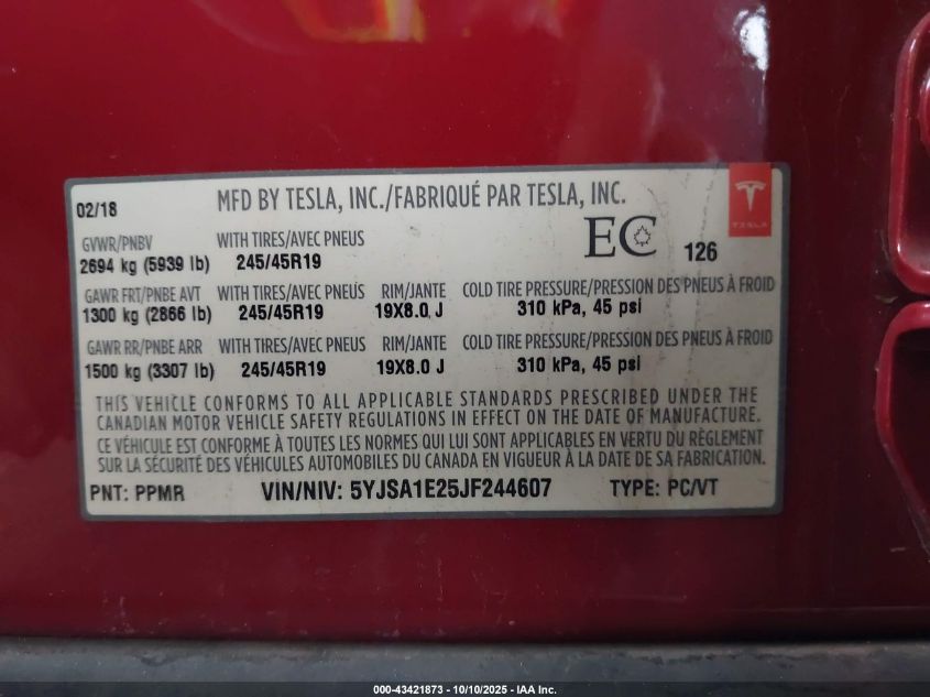 2018 Tesla Model S 100D/75D/P100D VIN: 5YJSA1E25JF244607 Lot: 43421873