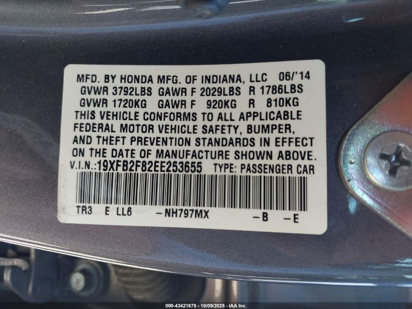 2014 Honda Civic Ex VIN: 19XFB2F82EE253655 Lot: 43421878