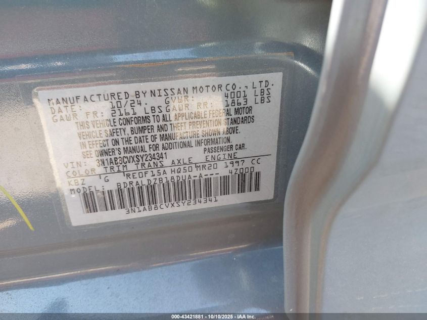 2025 Nissan Sentra Sv VIN: 3N1AB8CVXSY234341 Lot: 43421881