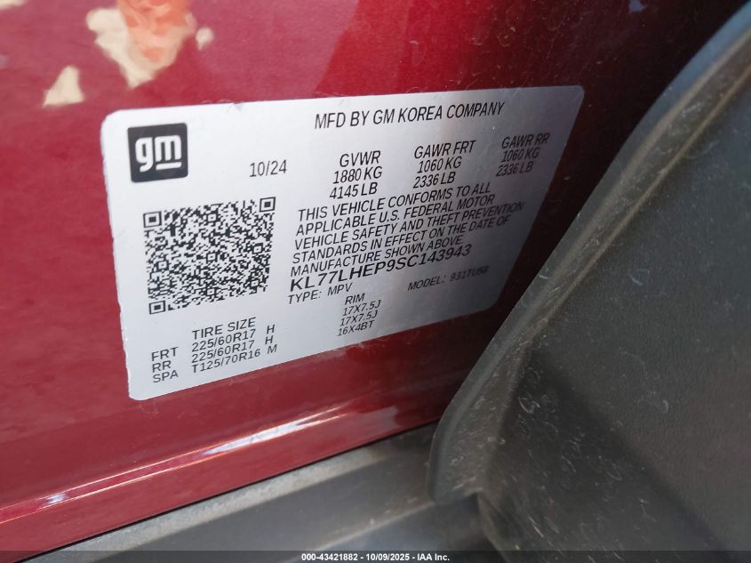 2025 Chevrolet Trax Fwd Lt VIN: KL77LHEP9SC143943 Lot: 43421882