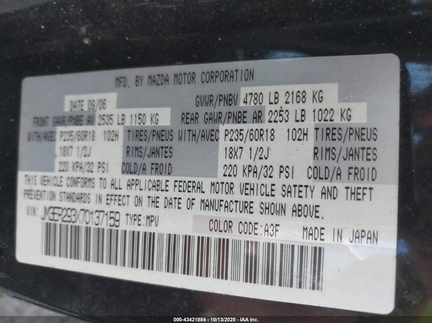 2007 Mazda Cx-7 Sport VIN: JM3ER293X70137159 Lot: 43421884