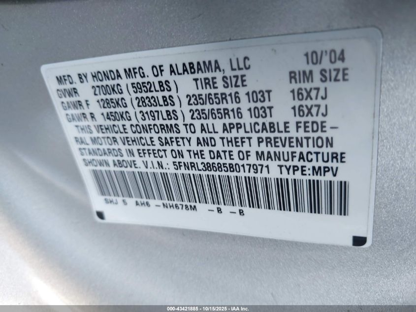 2005 Honda Odyssey Ex-L VIN: 5FNRL38685B017971 Lot: 43421885