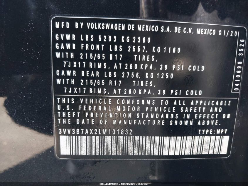 2020 Volkswagen Tiguan 2.0T Se/2.0T Se R-Line Black/2.0T Sel VIN: 3VV3B7AX2LM101832 Lot: 43421893