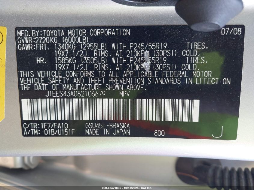 2008 Toyota Highlander Sport VIN: JTEES43A082106679 Lot: 43421895