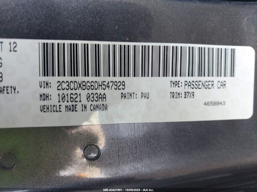 2013 Dodge Charger Se VIN: 2C3CDXBG6DH547929 Lot: 43421901