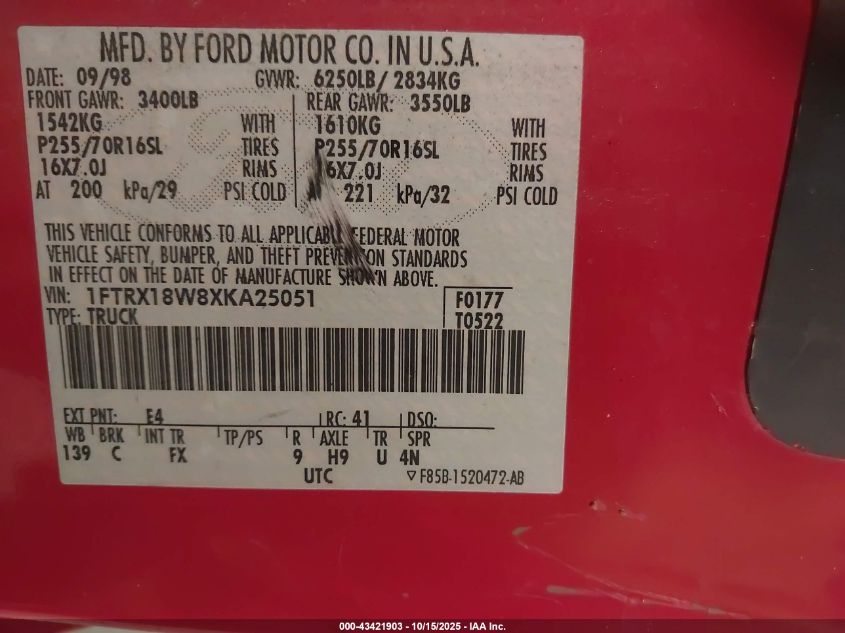 1999 Ford F-150 Lariat/Work Series/Xl/Xlt VIN: 1FTRX18W8XKA25051 Lot: 43421903