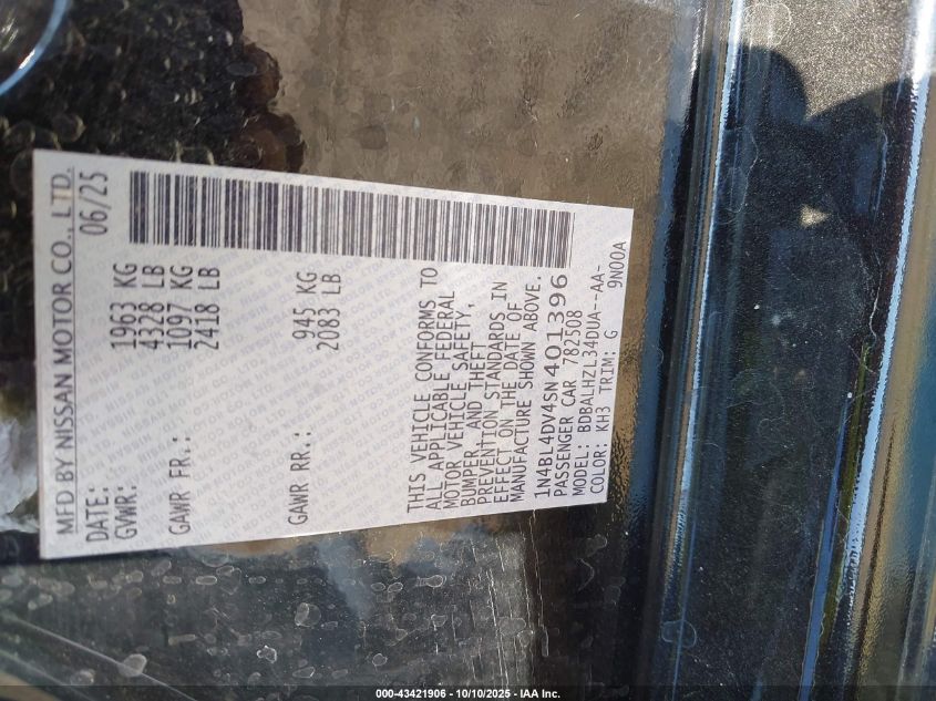 2025 Nissan Altima Sv Fwd VIN: 1N4BL4DV4SN401396 Lot: 43421906