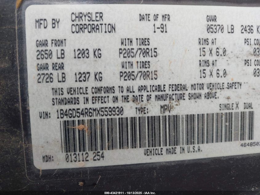 1991 Dodge Grand Caravan Le VIN: 1B4GD54R6MX559930 Lot: 43421911