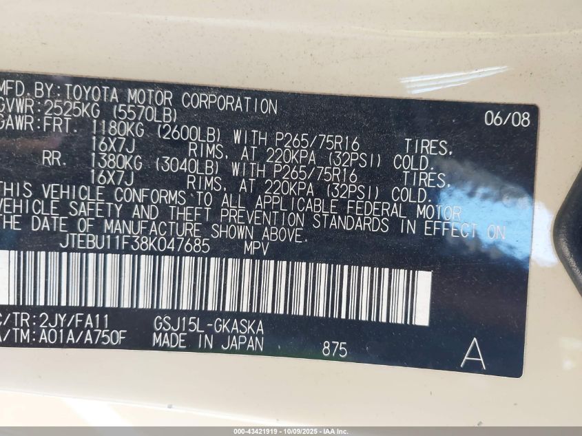 2008 Toyota Fj Cruiser VIN: JTEBU11F38K047685 Lot: 43421919