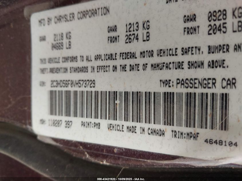 1997 Chrysler Concorde Lx VIN: 2C3HD56F0VH573729 Lot: 43421920