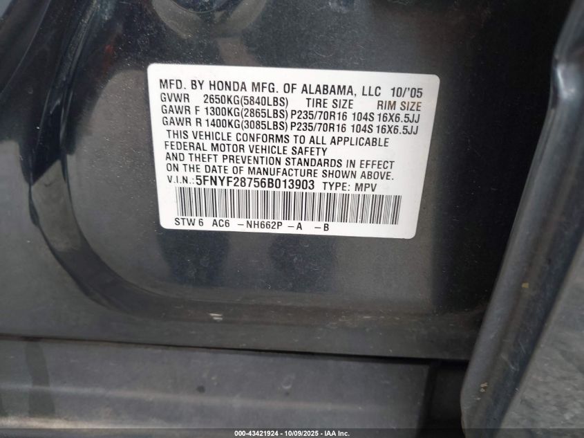 2006 Honda Pilot Ex-L VIN: 5FNYF28756B013903 Lot: 43421924