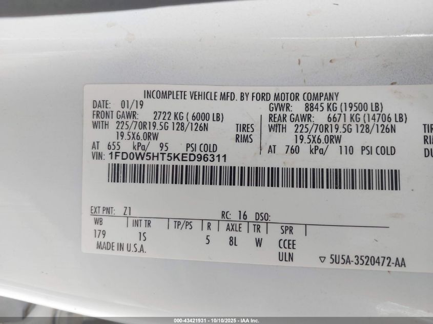 2019 Ford F-550 Chassis Xl VIN: 1FD0W5HT5KED96311 Lot: 43421931