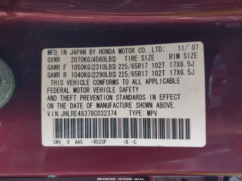2008 Honda Cr-V Lx VIN: JHLRE48378C032374 Lot: 43421948