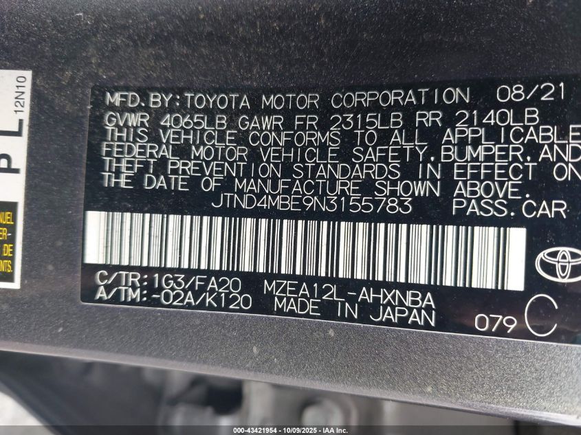 2022 Toyota Corolla Se VIN: JTND4MBE9N3155783 Lot: 43421954