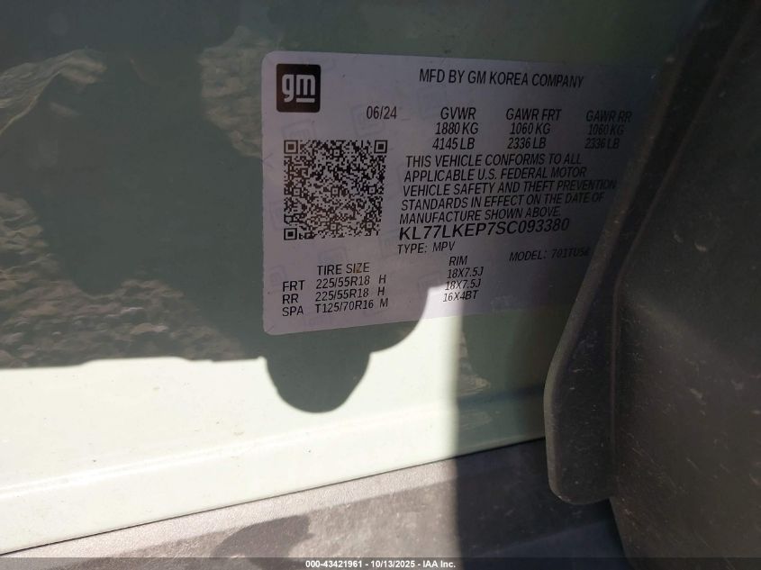 2025 Chevrolet Trax Fwd Activ VIN: KL77LKEP7SC093380 Lot: 43421961