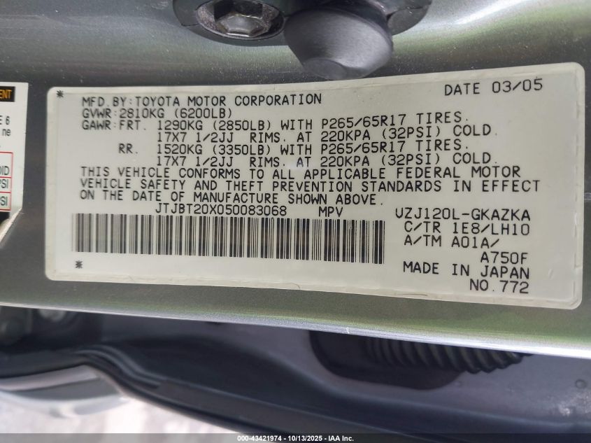 2005 Lexus Gx 470 VIN: JTJBT20X050083068 Lot: 43421974