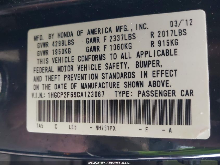 2012 Honda Accord 2.4 Se VIN: 1HGCP2F69CA123067 Lot: 43421977