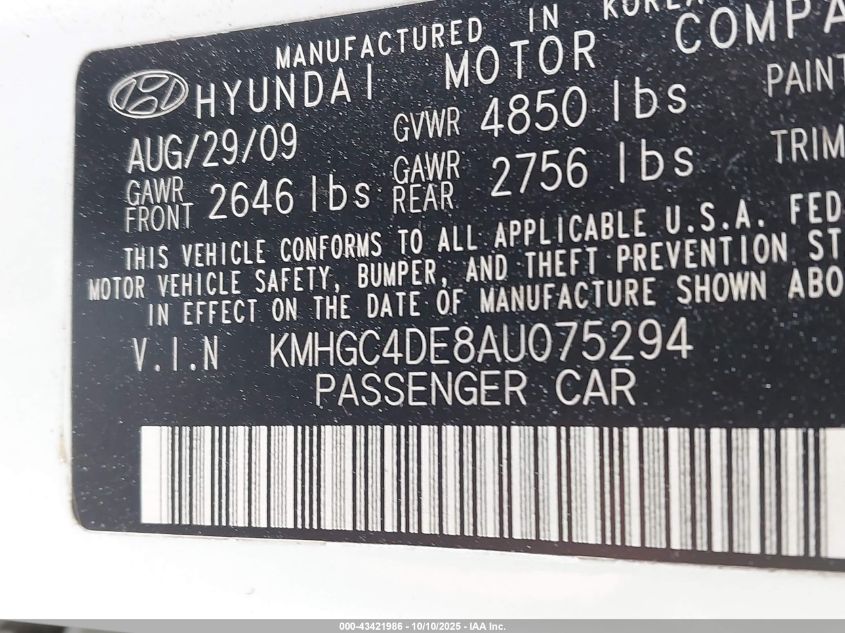 2010 Hyundai Genesis 3.8 VIN: KMHGC4DE8AU075294 Lot: 43421986