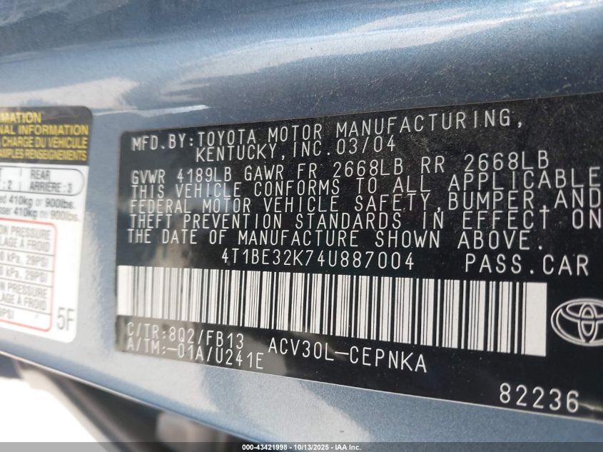 2004 Toyota Camry Le VIN: 4T1BE32K74U887004 Lot: 43421998