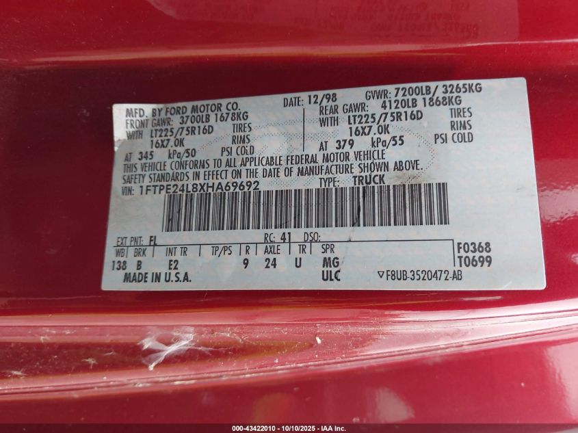 1999 Ford E-250 Commercial/Recreational VIN: 1FTPE24L8XHA69692 Lot: 43422010