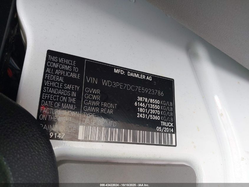 2014 Mercedes-Benz Sprinter 2500 Normal Roof VIN: WD3PE7DC7E5923786 Lot: 43422024