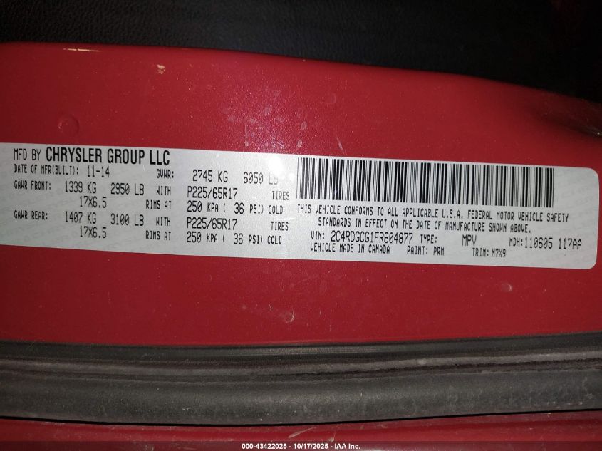 2015 Dodge Grand Caravan Sxt VIN: 2C4RDGCG1FR604877 Lot: 43422025