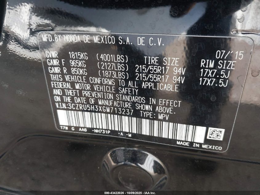 2016 Honda Hr-V Lx VIN: 3CZRU5H3XGM713237 Lot: 43422026