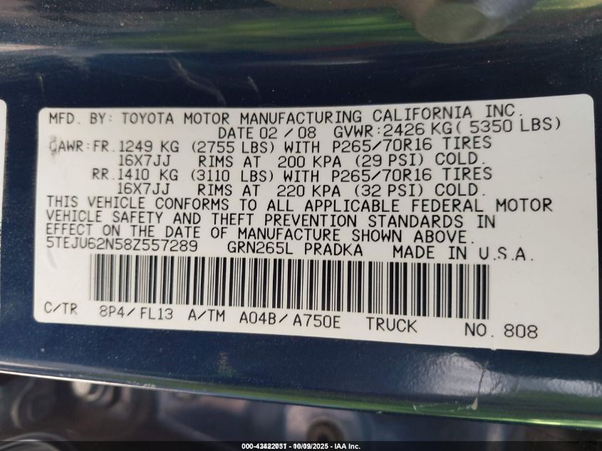 2008 Toyota Tacoma Prerunner V6 VIN: 5TEJU62N58Z557289 Lot: 43422031