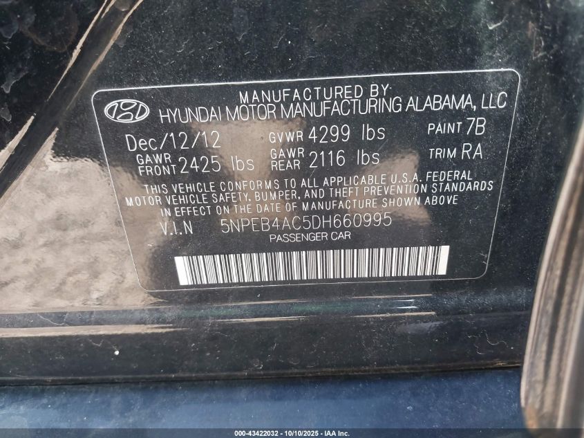 2013 Hyundai Sonata Gls VIN: 5NPEB4AC5DH660995 Lot: 43422032
