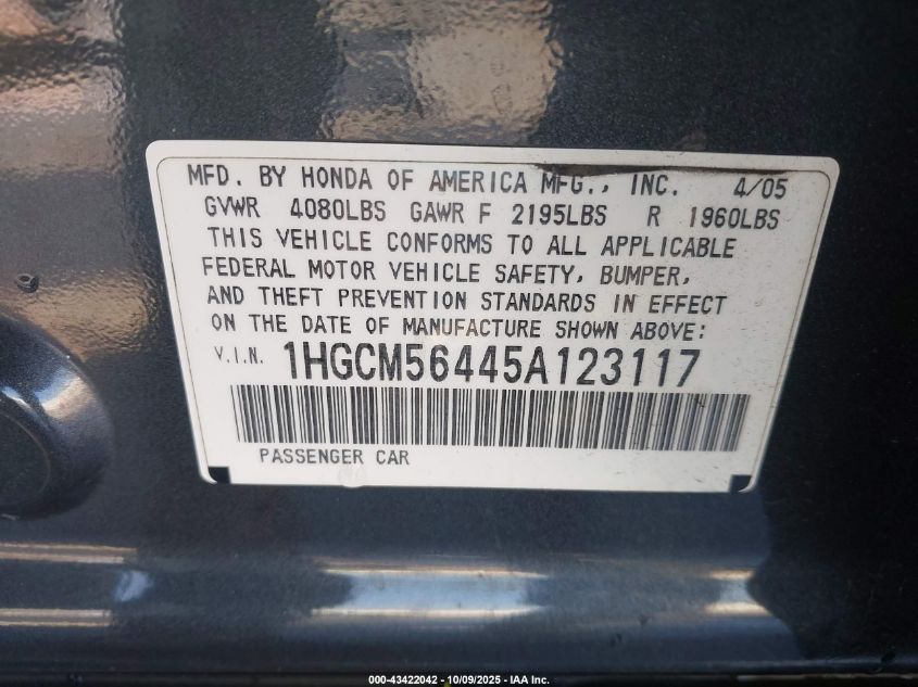 2005 Honda Accord 2.4 Lx VIN: 1HGCM56445A123117 Lot: 43422042