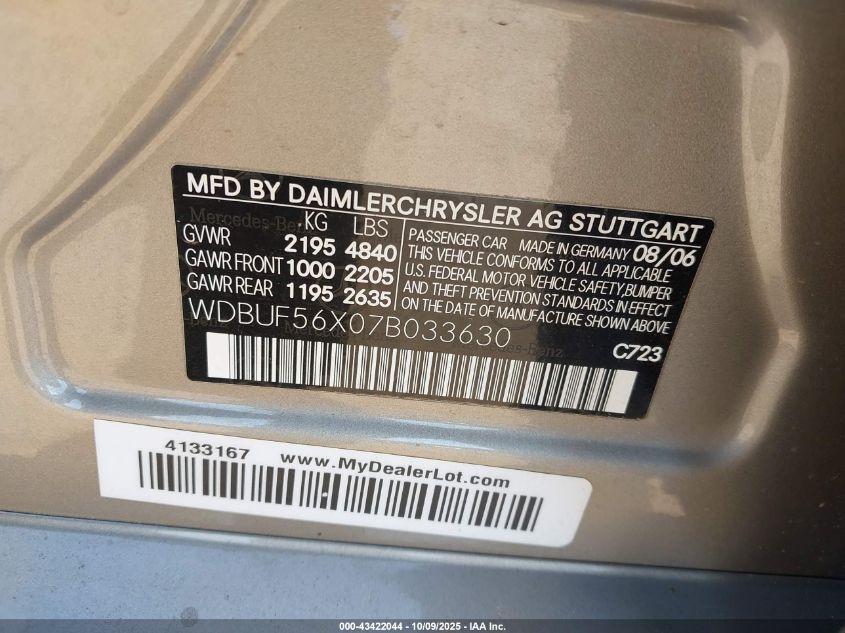 2007 Mercedes-Benz E 350 VIN: WDBUF56X07B033630 Lot: 43422044