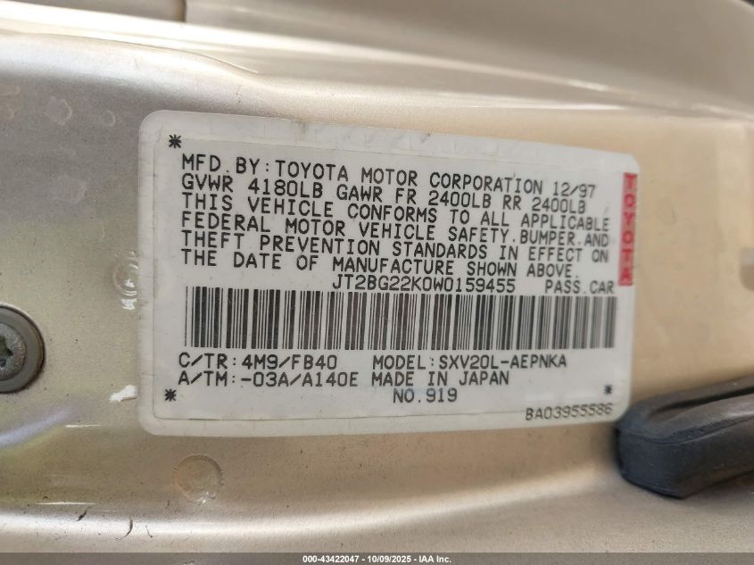 1998 Toyota Camry Le VIN: JT2BG22K0W0159455 Lot: 43422047