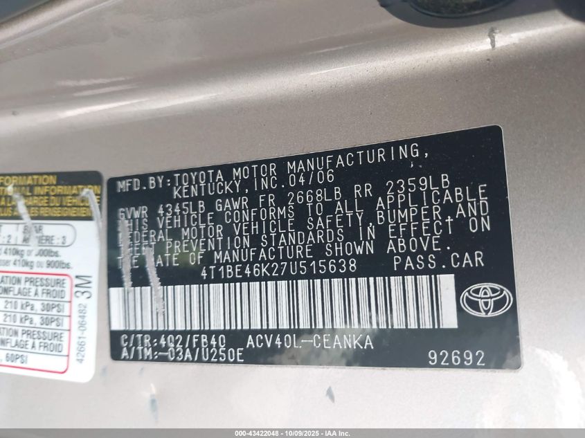 2007 Toyota Camry Le VIN: 4T1BE46K27U515638 Lot: 43422048