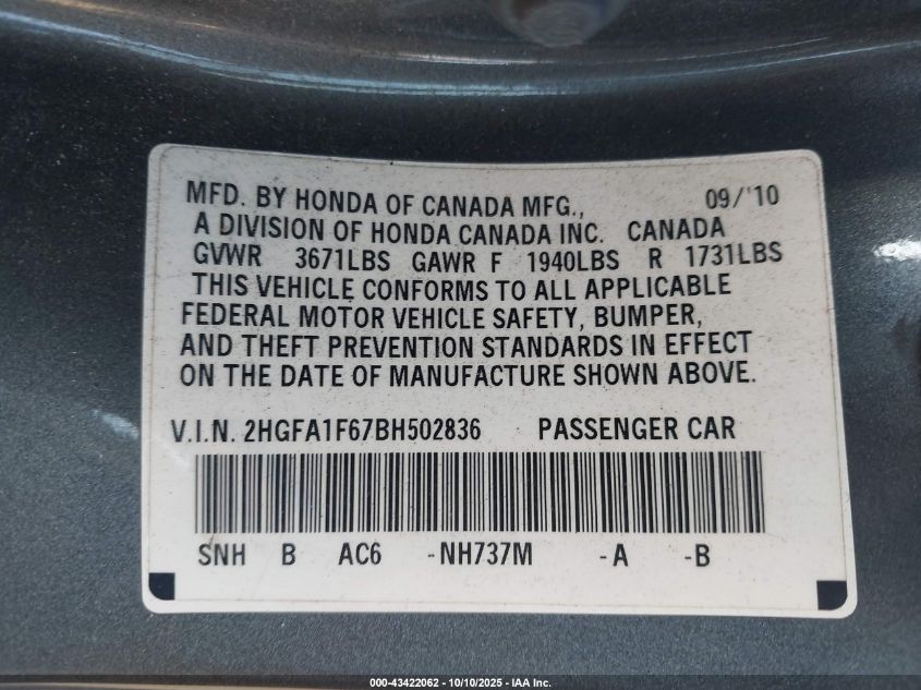 2011 Honda Civic Lx-S VIN: 2HGFA1F67BH502836 Lot: 43422062