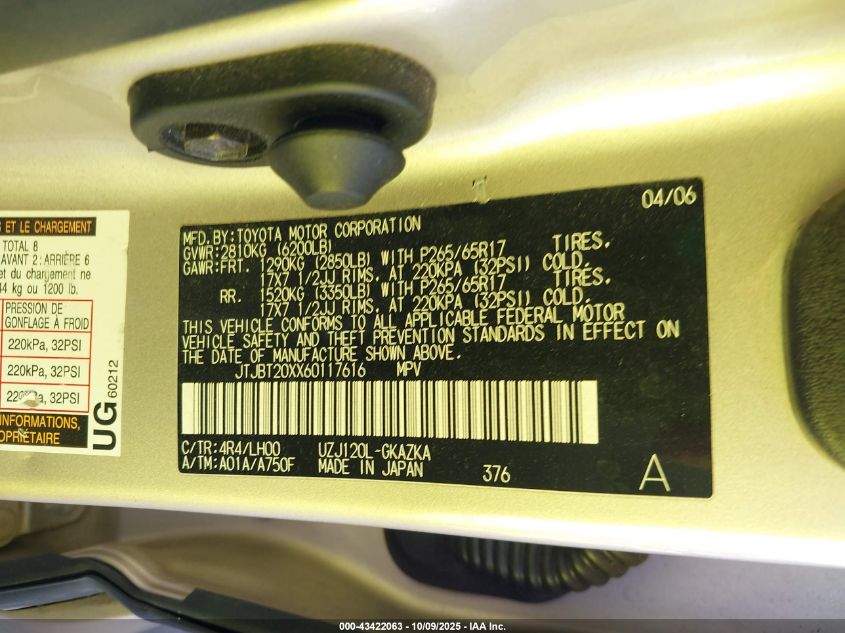 2006 Lexus Gx 470 VIN: JTJBT20XX60117616 Lot: 43422063