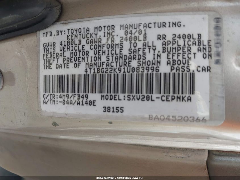 2001 Toyota Camry Le VIN: 4T1BG22K91U083996 Lot: 43422068